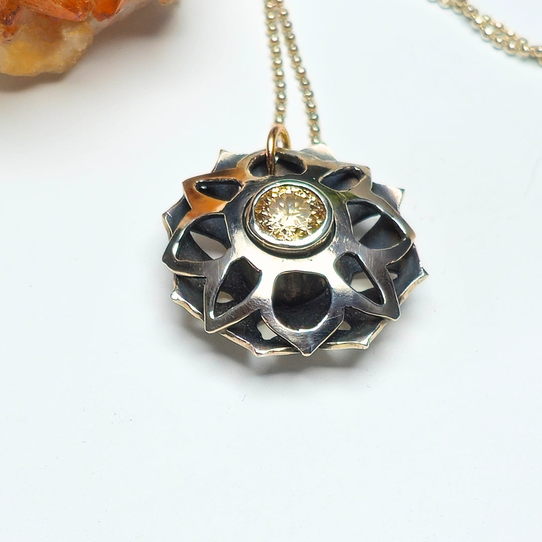 Artisan Silver Snowflake Pendant with Yellow Moissanite