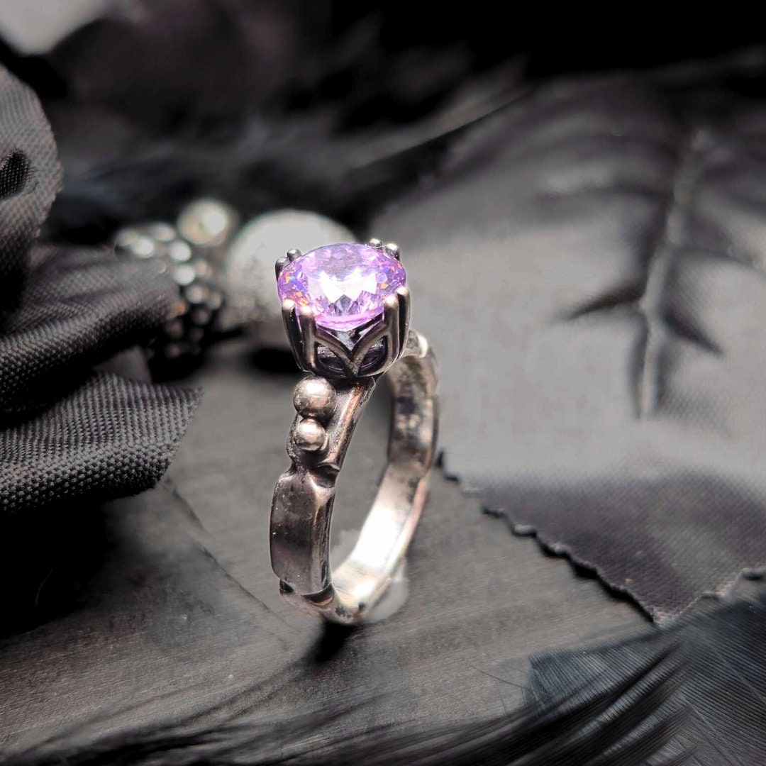 Lavender CZ Antique Silver Ring, Portugese Cut, Size 6-7