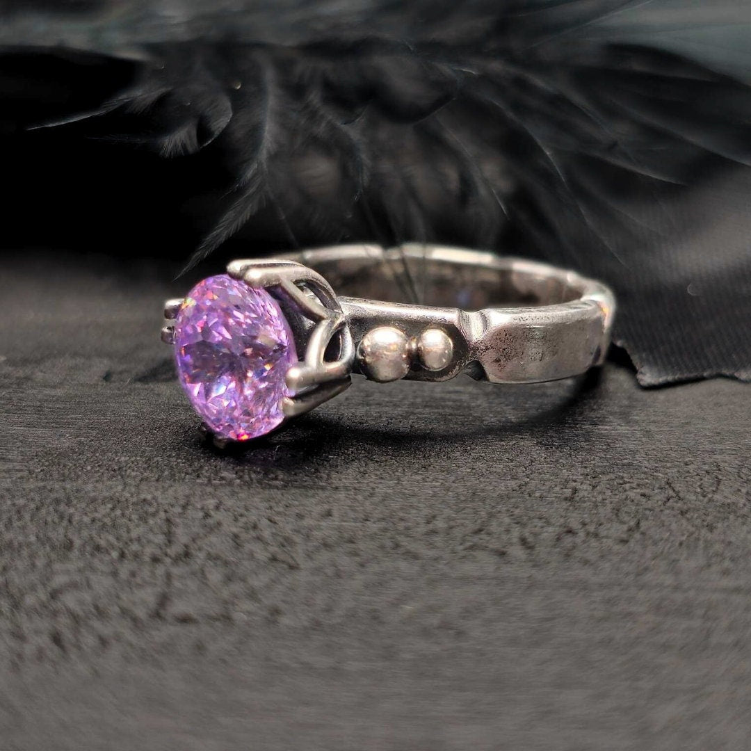 Lavender CZ Antique Silver Ring, Portugese Cut, Size 6-7