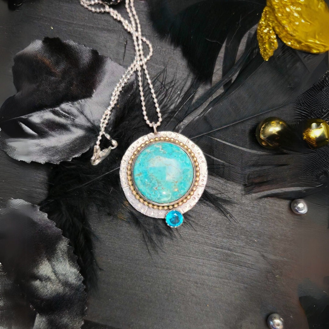 Turquoise and Sterling Silver Pendant – Handmade Boho Necklace with Paraiba Blue Quartz