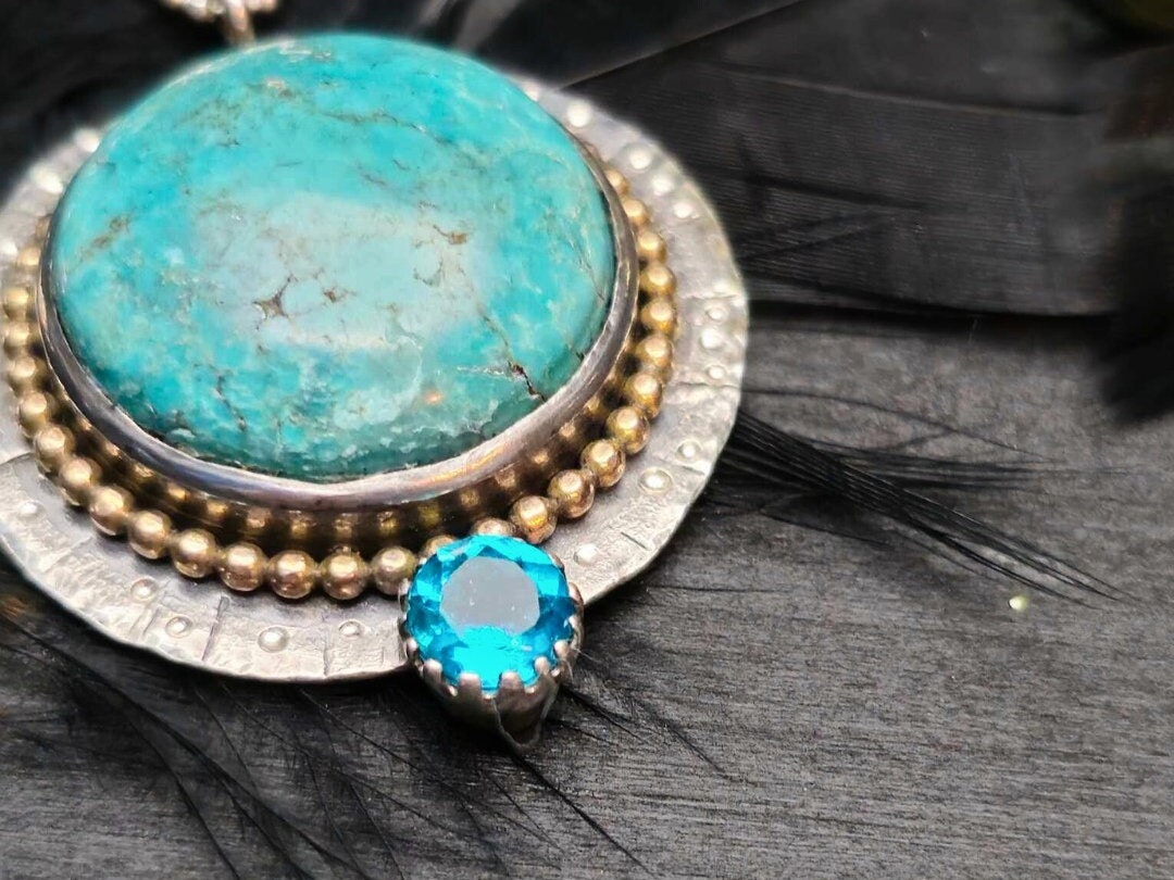 Turquoise and Sterling Silver Pendant – Handmade Boho Necklace with Paraiba Blue Quartz