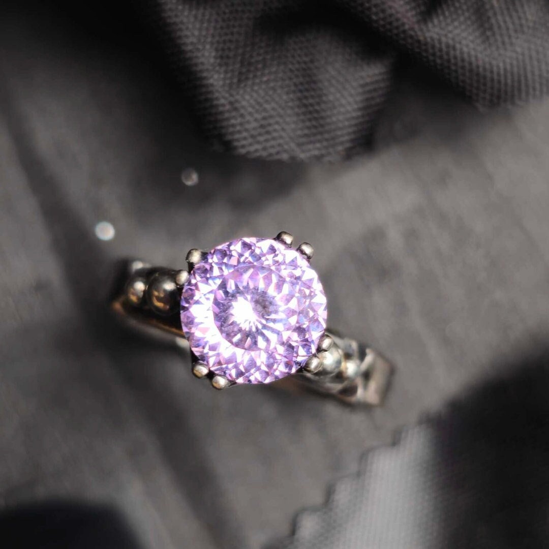 Lavender CZ Antique Silver Ring, Portugese Cut, Size 6-7