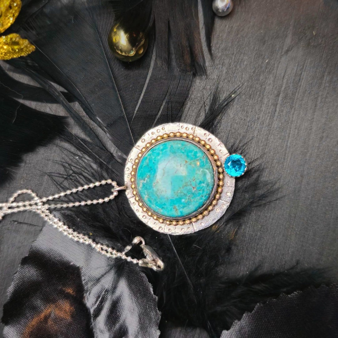 Turquoise and Sterling Silver Pendant – Handmade Boho Necklace with Paraiba Blue Quartz