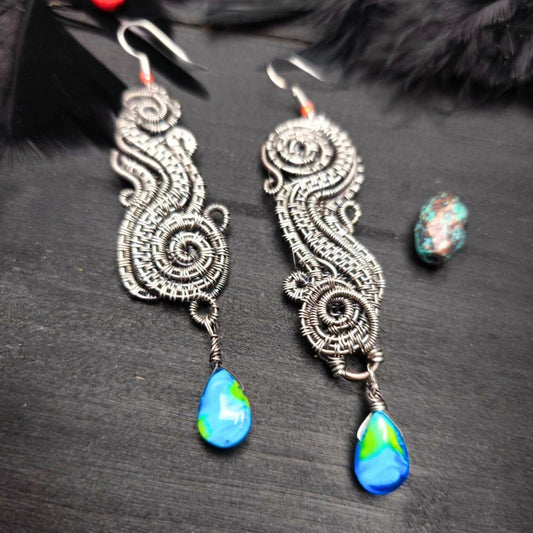 Statement Wire-Wrapped Earrings – Sterling Silver with Blue Glass Beads