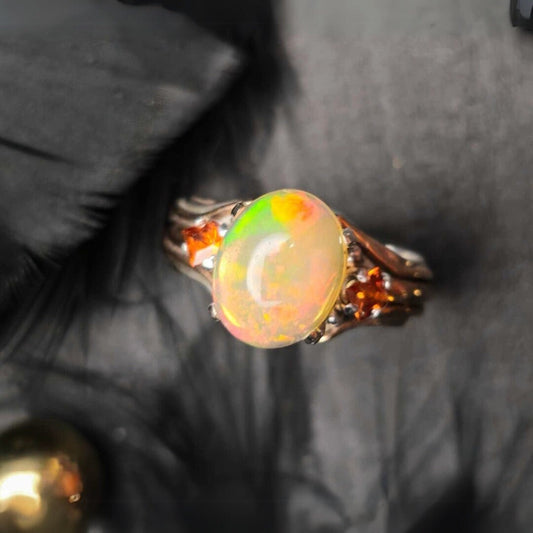 Fire Opal, Garnet Ring - Unique Gold and Silver Statement for October Birthstone Lovers