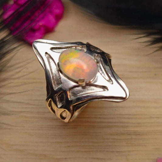 Iridescent Opal Ring – Handcrafted Sterling Silver Boho Chic Birthstone Jewelry