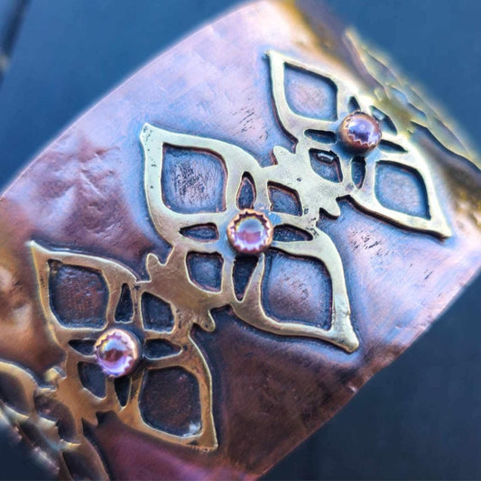 Moroccan-Inspired Cuff Bracelet – Handcrafted Copper and Brass with Pink Gemstones