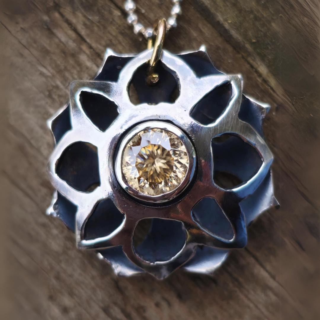 Artisan Silver Snowflake Pendant with Yellow Moissanite