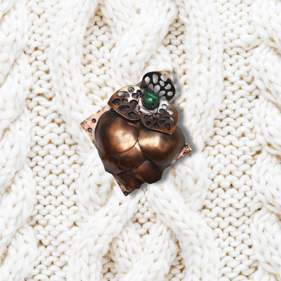 Handcrafted Copper Artichoke Brooch – 3D Pin with Malachite Gemstone