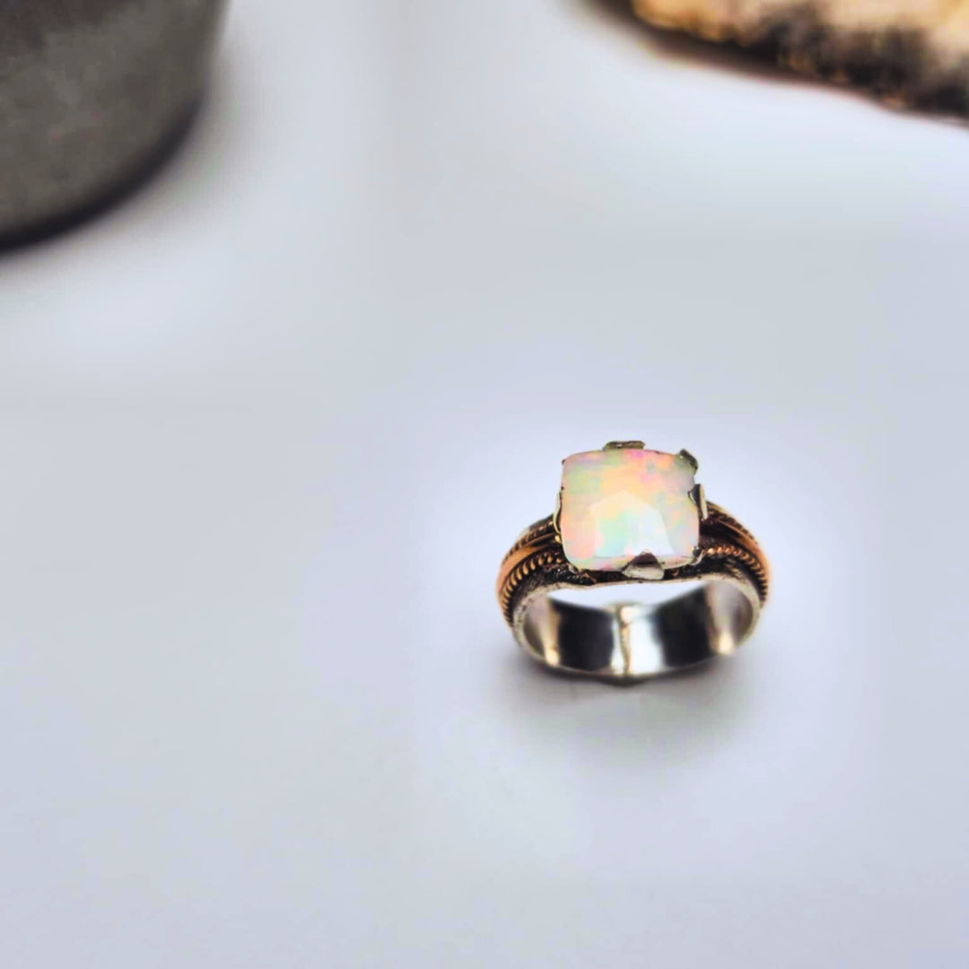 ONE Square Opal Ring, Sterling Silver and Rose Gold